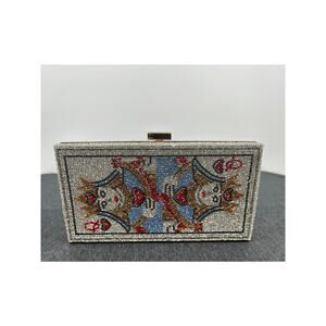 Crystal Rhinestone Playing Card Queen Box Clutch Evening Bag Gold Chain NIB